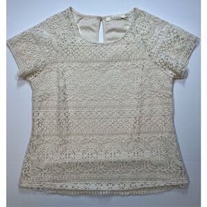 Anthropologie Solitaire Ivory Crochet Lace Boho Sheer Lined S/S Top Size Medium